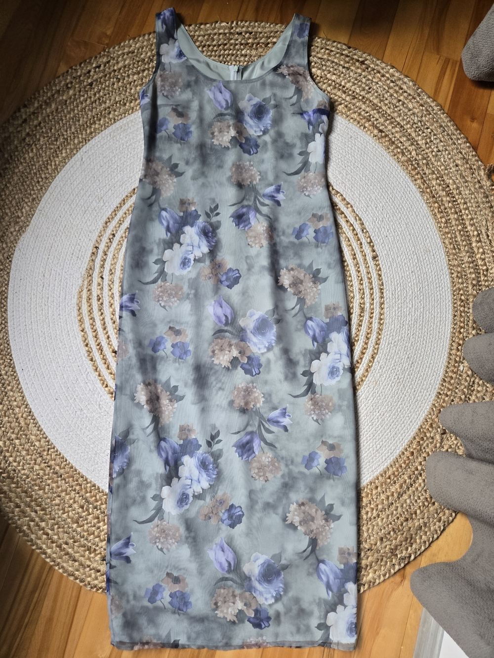 Vintage 90s Scoop-Neck Floral Maxi Dress Sage Blue Whimsigoth Grunge Gothic S/M - Picture 2 of 16